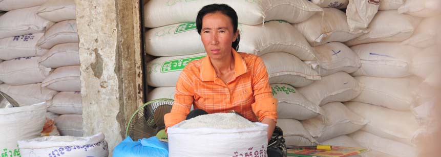 Reis Verkäuferin auf dem Russischen Markt in Phnom Penh in Kambodscha