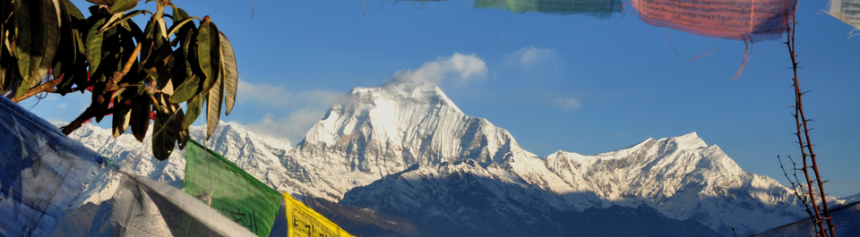Aussicht auf den Poon Hill während einer Nepal Reise mit bunten Gebetsfahnen im Vordergrund
